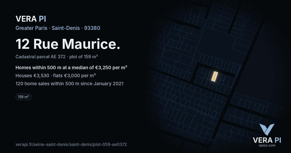 12 Rue Maurice, Saint-Denis at night – the plot lit, the parcels around coloured by the prices near them