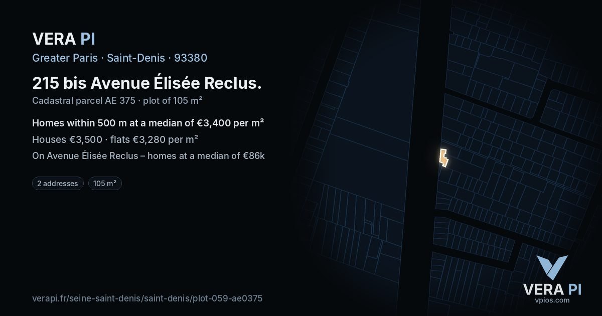 215 bis Avenue Élisée Reclus, Saint-Denis at night – the plot lit, the parcels around coloured by the prices near them