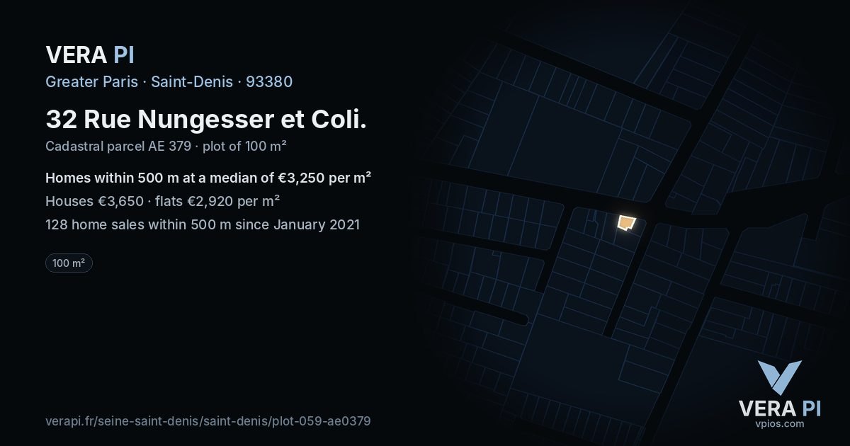 32 Rue Nungesser et Coli, Saint-Denis at night – the plot lit, the parcels around coloured by the prices near them