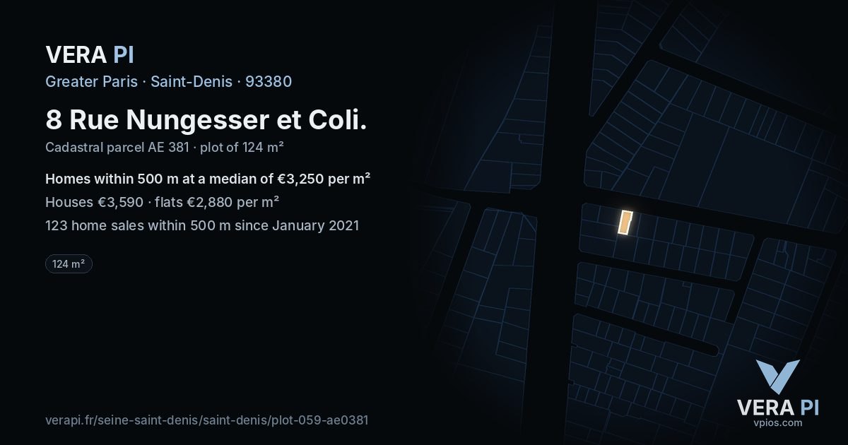 8 Rue Nungesser et Coli, Saint-Denis at night – the plot lit, the parcels around coloured by the prices near them
