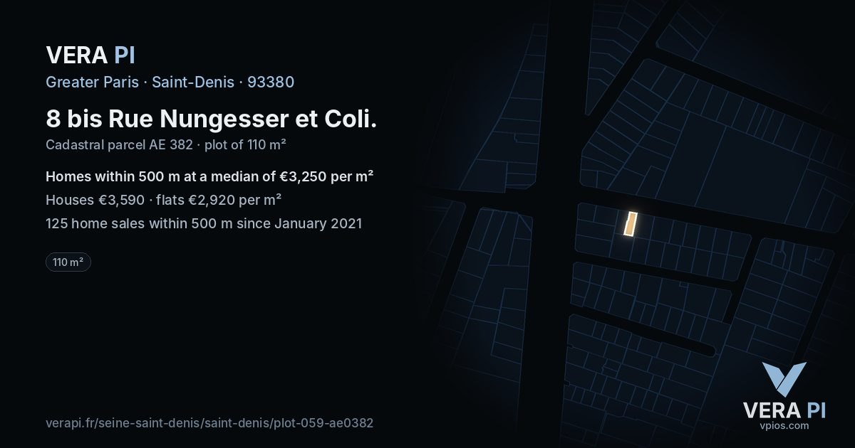 8 bis Rue Nungesser et Coli, Saint-Denis at night – the plot lit, the parcels around coloured by the prices near them
