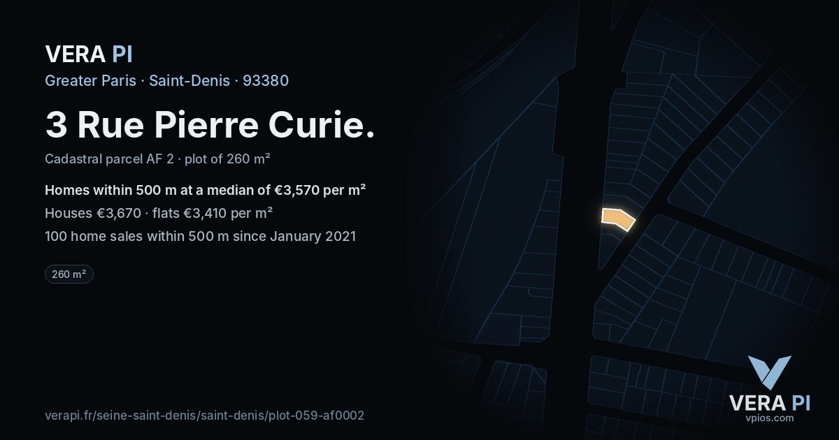 3 Rue Pierre Curie, Saint-Denis at night – the plot lit, the parcels around coloured by the prices near them