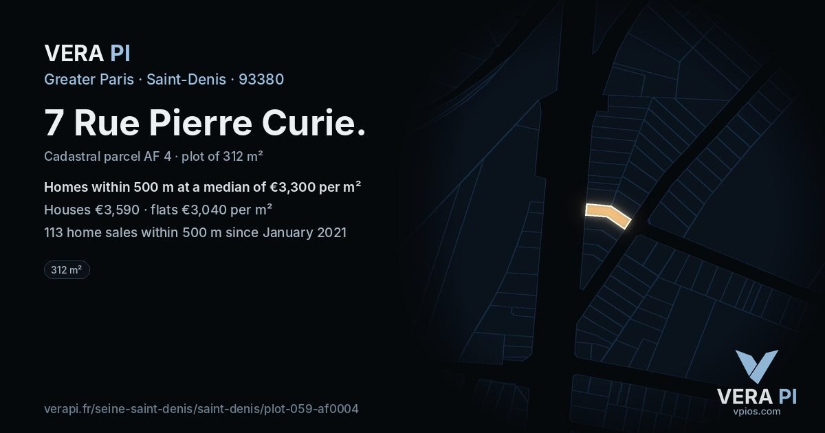 7 Rue Pierre Curie, Saint-Denis at night – the plot lit, the parcels around coloured by the prices near them