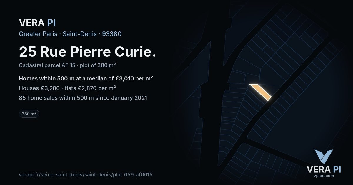 25 Rue Pierre Curie, Saint-Denis at night – the plot lit, the parcels around coloured by the prices near them