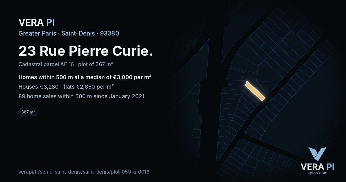 23 Rue Pierre Curie, Saint-Denis at night – the plot lit, the parcels around coloured by the prices near them