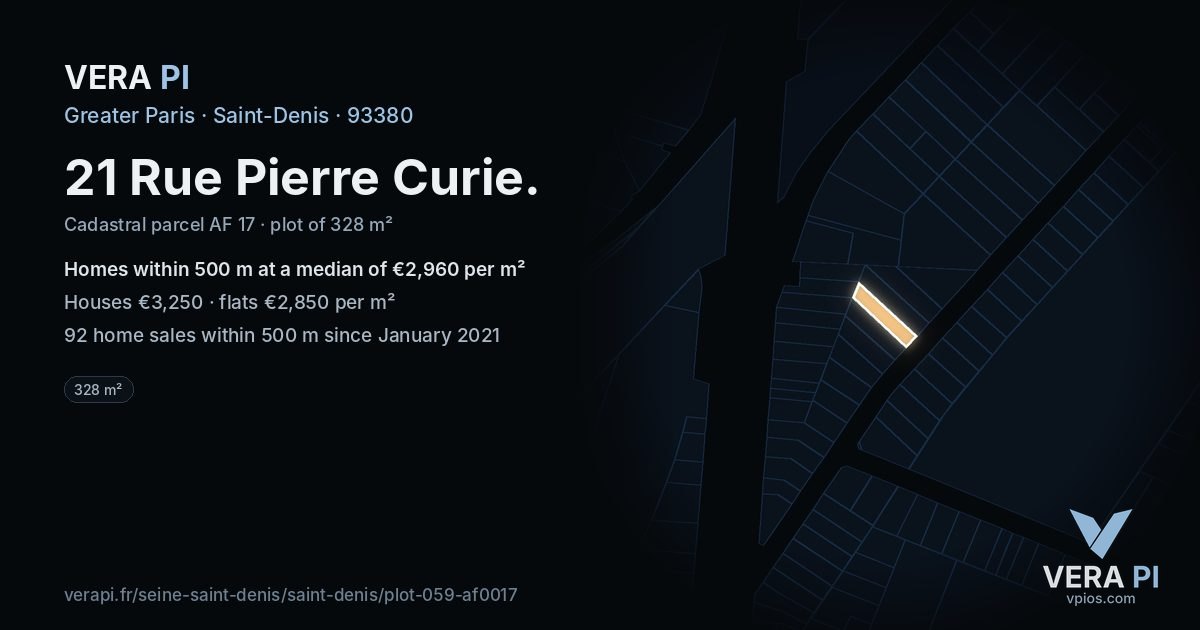 21 Rue Pierre Curie, Saint-Denis at night – the plot lit, the parcels around coloured by the prices near them