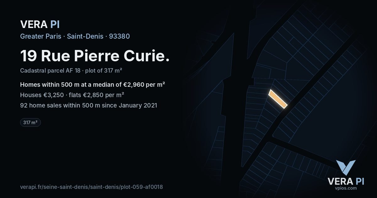 19 Rue Pierre Curie, Saint-Denis at night – the plot lit, the parcels around coloured by the prices near them