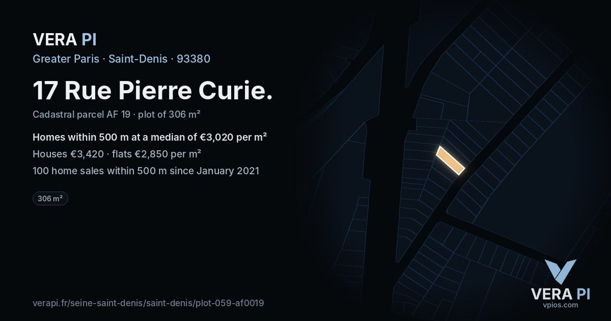 17 Rue Pierre Curie, Saint-Denis at night – the plot lit, the parcels around coloured by the prices near them