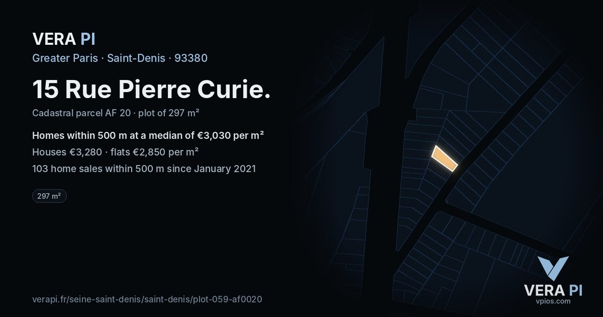 15 Rue Pierre Curie, Saint-Denis at night – the plot lit, the parcels around coloured by the prices near them
