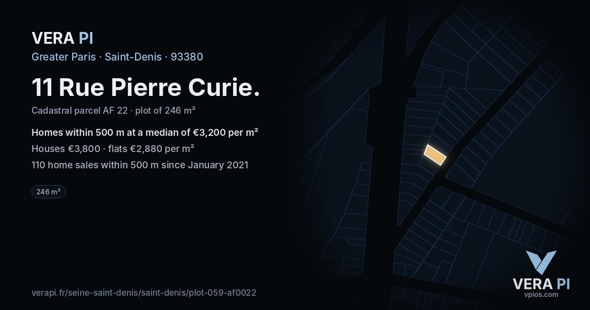 11 Rue Pierre Curie, Saint-Denis at night – the plot lit, the parcels around coloured by the prices near them