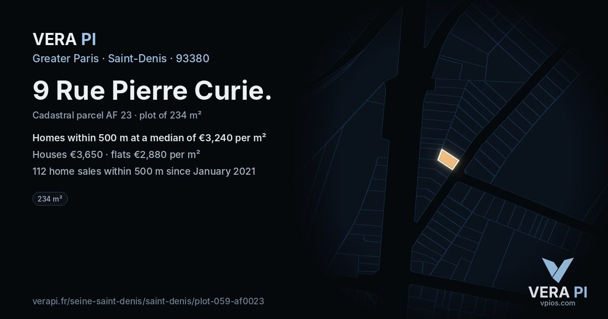 9 Rue Pierre Curie, Saint-Denis at night – the plot lit, the parcels around coloured by the prices near them