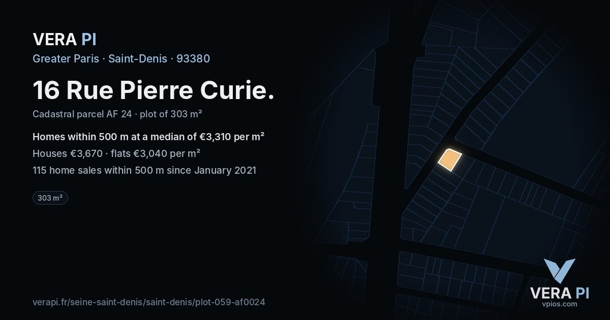 16 Rue Pierre Curie, Saint-Denis at night – the plot lit, the parcels around coloured by the prices near them