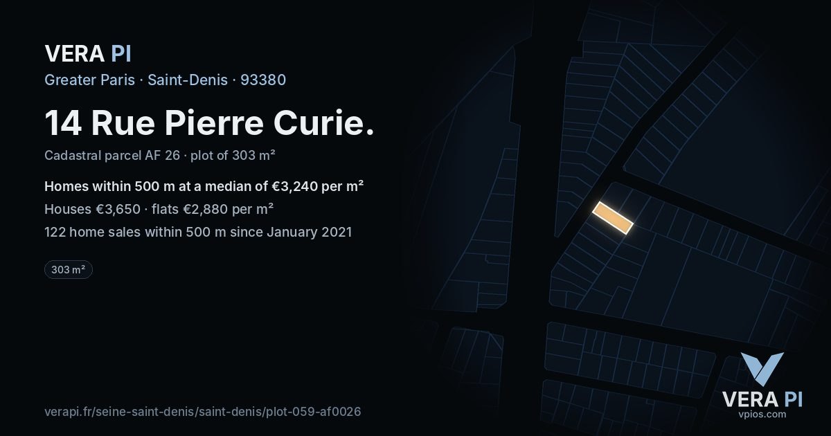 14 Rue Pierre Curie, Saint-Denis at night – the plot lit, the parcels around coloured by the prices near them