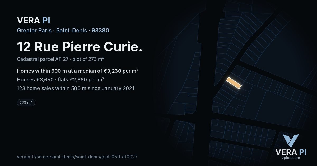 12 Rue Pierre Curie, Saint-Denis at night – the plot lit, the parcels around coloured by the prices near them