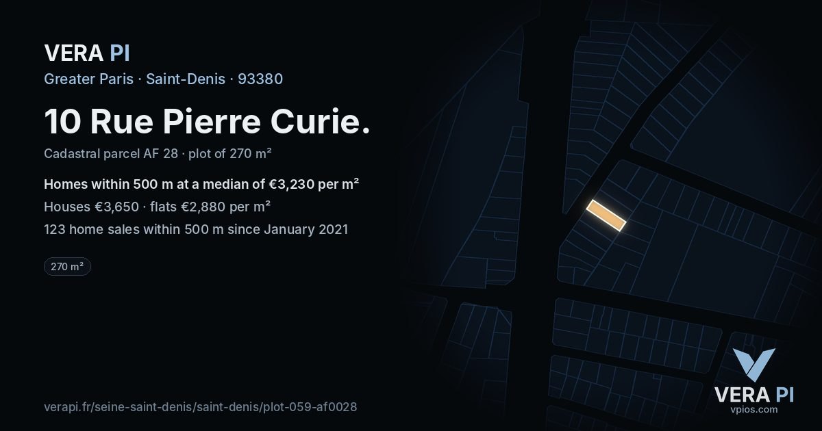 10 Rue Pierre Curie, Saint-Denis at night – the plot lit, the parcels around coloured by the prices near them