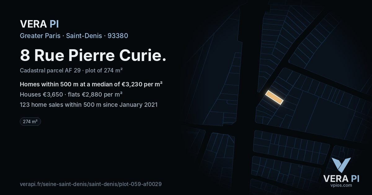8 Rue Pierre Curie, Saint-Denis at night – the plot lit, the parcels around coloured by the prices near them