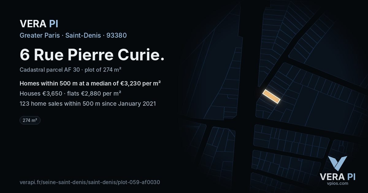 6 Rue Pierre Curie, Saint-Denis at night – the plot lit, the parcels around coloured by the prices near them