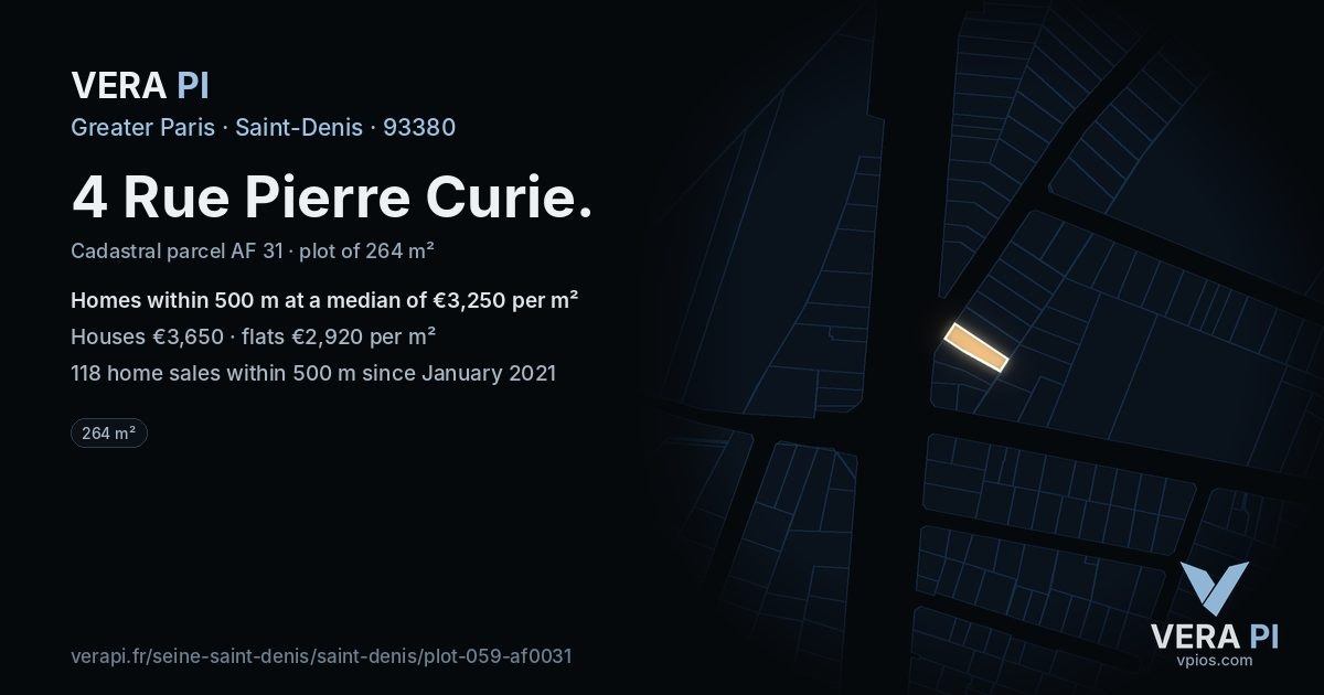 4 Rue Pierre Curie, Saint-Denis at night – the plot lit, the parcels around coloured by the prices near them