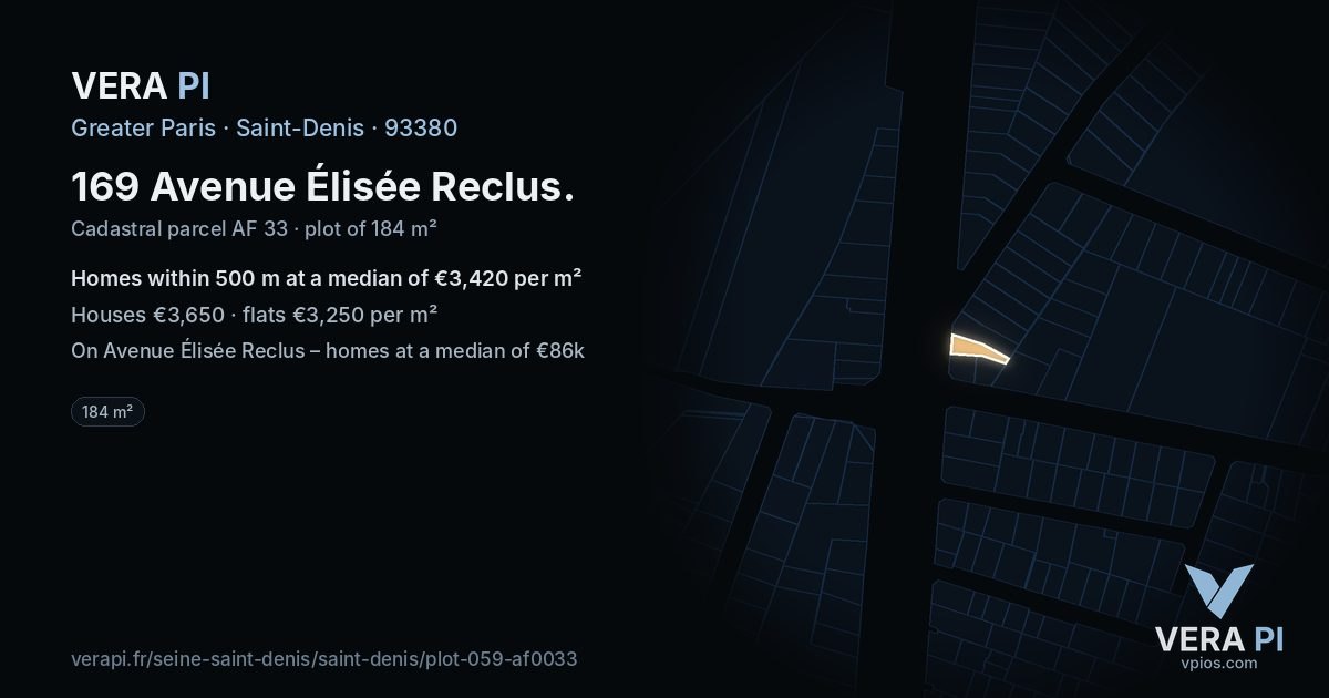 169 Avenue Élisée Reclus, Saint-Denis at night – the plot lit, the parcels around coloured by the prices near them