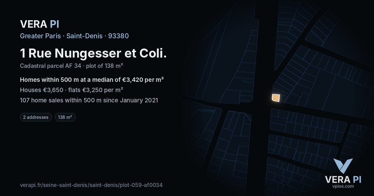 1 Rue Nungesser et Coli, Saint-Denis at night – the plot lit, the parcels around coloured by the prices near them