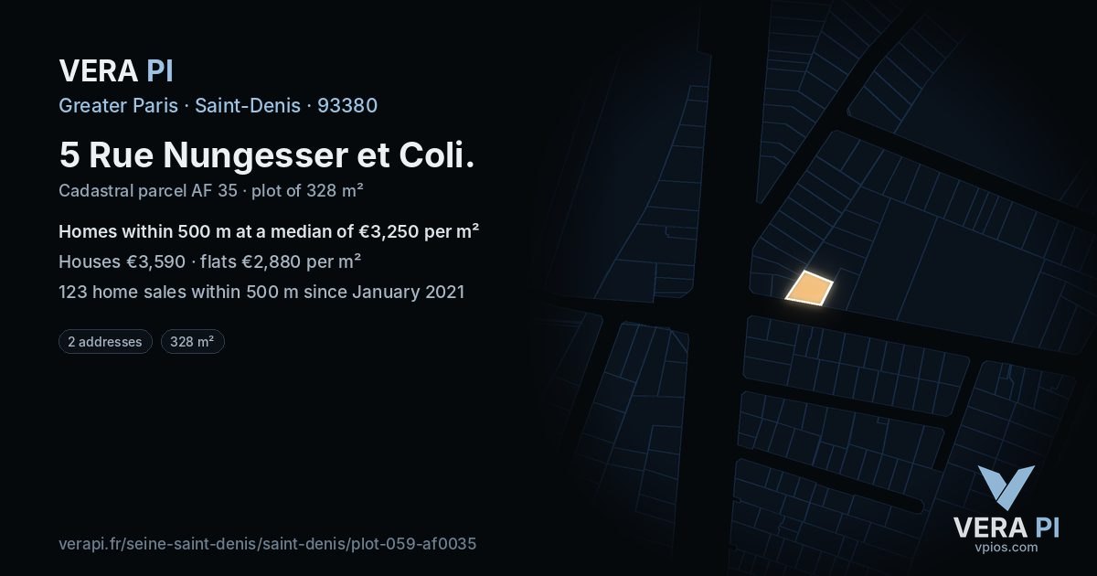 5 Rue Nungesser et Coli, Saint-Denis at night – the plot lit, the parcels around coloured by the prices near them