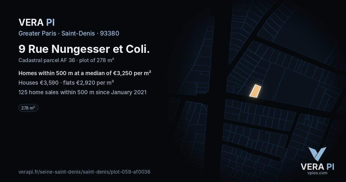 9 Rue Nungesser et Coli, Saint-Denis at night – the plot lit, the parcels around coloured by the prices near them