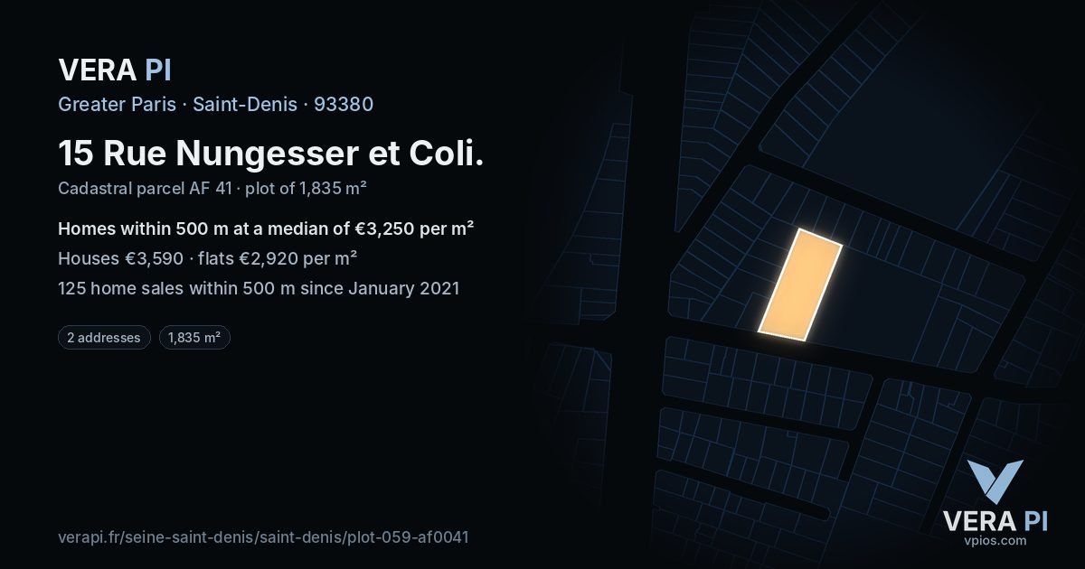15 Rue Nungesser et Coli, Saint-Denis at night – the plot lit, the parcels around coloured by the prices near them