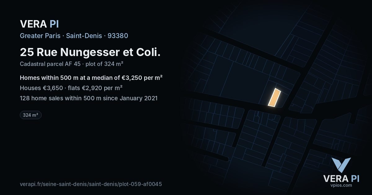 25 Rue Nungesser et Coli, Saint-Denis at night – the plot lit, the parcels around coloured by the prices near them