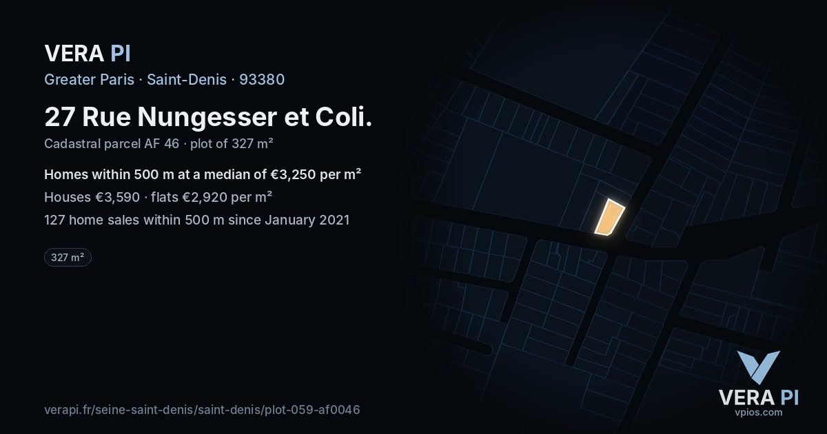 27 Rue Nungesser et Coli, Saint-Denis at night – the plot lit, the parcels around coloured by the prices near them