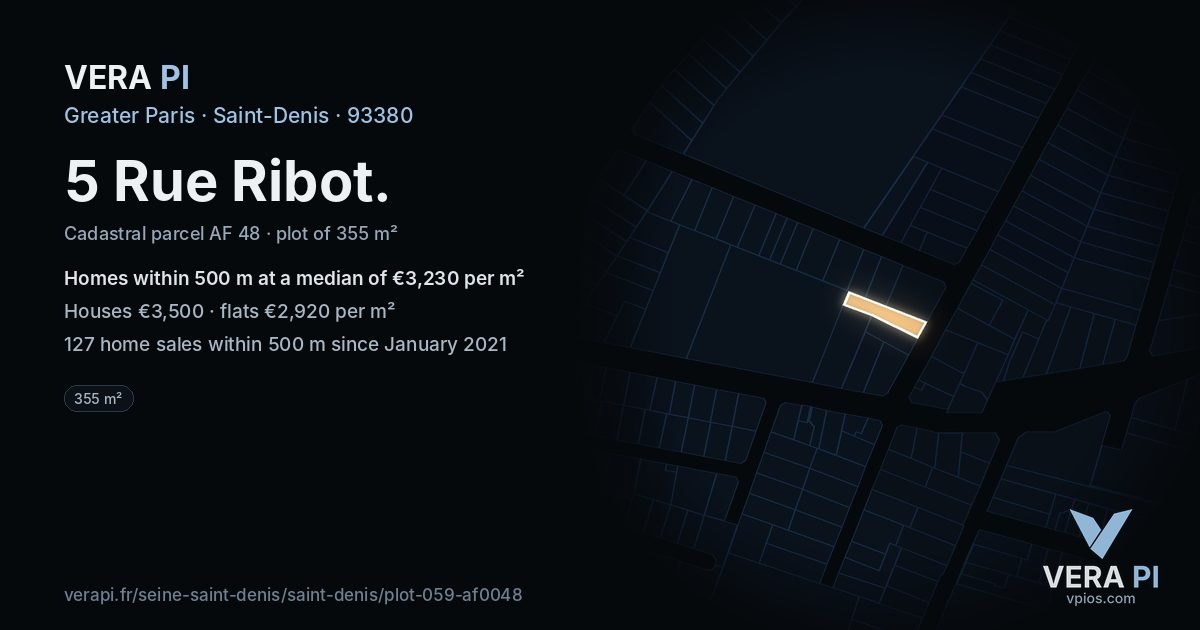 5 Rue Ribot, Saint-Denis at night – the plot lit, the parcels around coloured by the prices near them