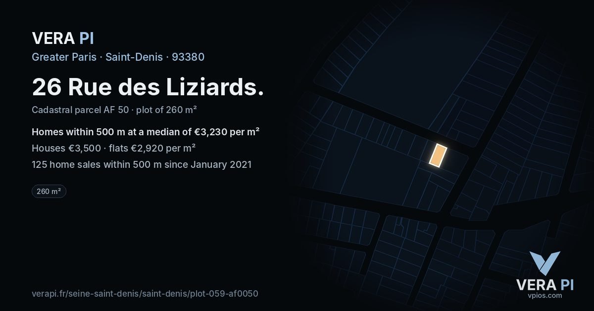26 Rue des Liziards, Saint-Denis at night – the plot lit, the parcels around coloured by the prices near them