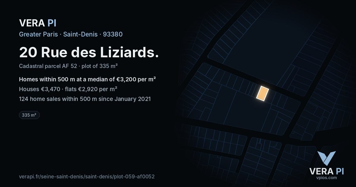 20 Rue des Liziards, Saint-Denis at night – the plot lit, the parcels around coloured by the prices near them