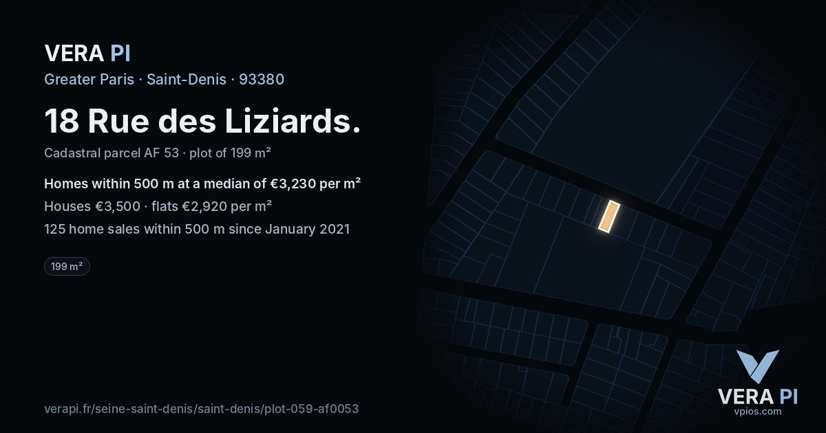 18 Rue des Liziards, Saint-Denis at night – the plot lit, the parcels around coloured by the prices near them