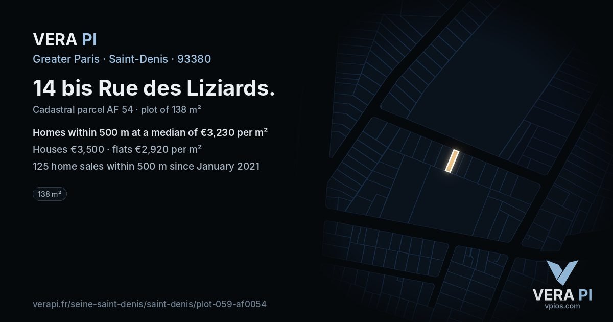 14 bis Rue des Liziards, Saint-Denis at night – the plot lit, the parcels around coloured by the prices near them