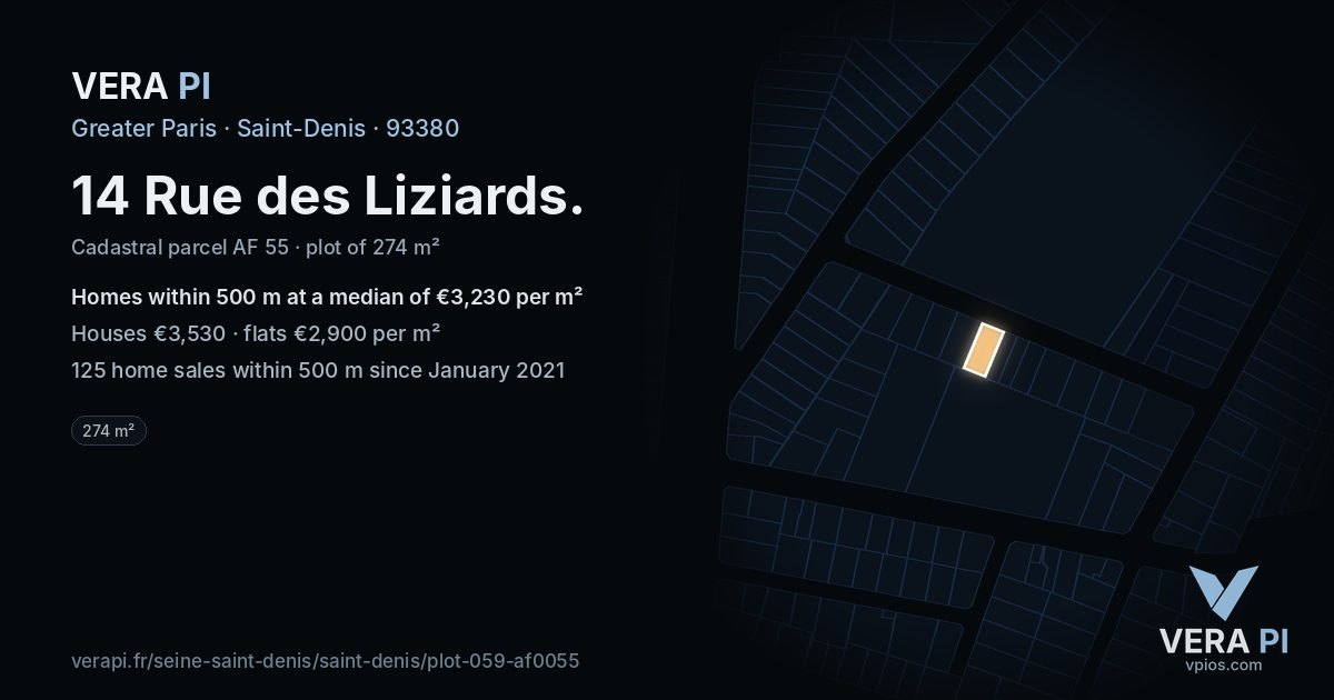 14 Rue des Liziards, Saint-Denis at night – the plot lit, the parcels around coloured by the prices near them