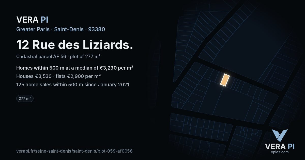 12 Rue des Liziards, Saint-Denis at night – the plot lit, the parcels around coloured by the prices near them