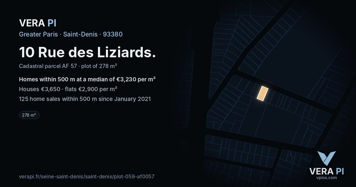 10 Rue des Liziards, Saint-Denis at night – the plot lit, the parcels around coloured by the prices near them
