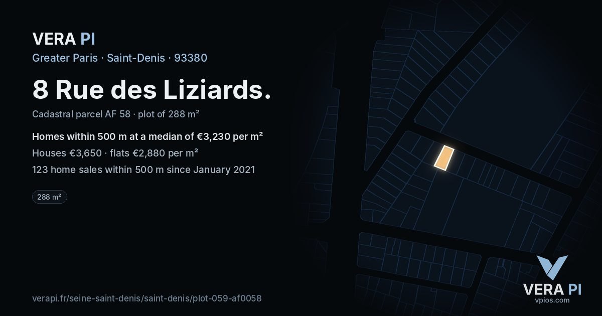 8 Rue des Liziards, Saint-Denis at night – the plot lit, the parcels around coloured by the prices near them
