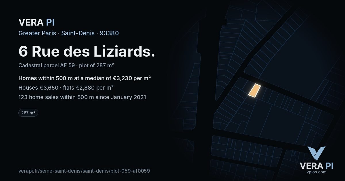6 Rue des Liziards, Saint-Denis at night – the plot lit, the parcels around coloured by the prices near them