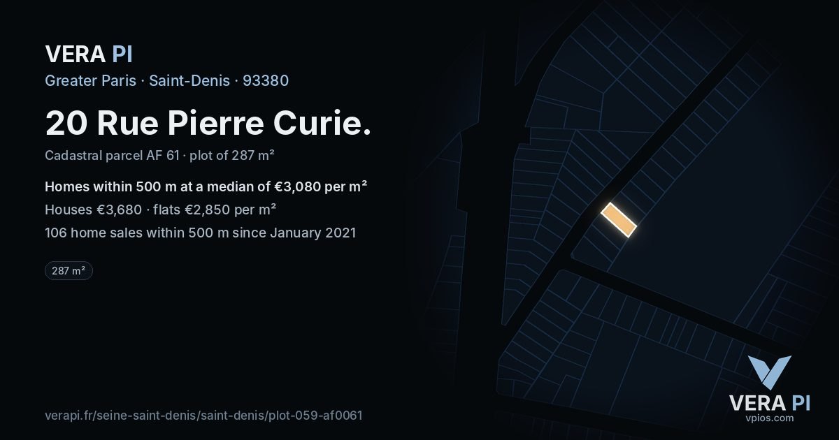 20 Rue Pierre Curie, Saint-Denis at night – the plot lit, the parcels around coloured by the prices near them