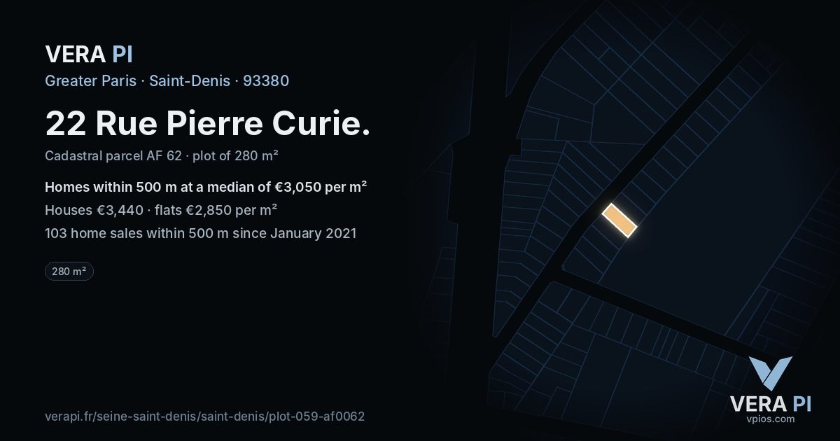 22 Rue Pierre Curie, Saint-Denis at night – the plot lit, the parcels around coloured by the prices near them