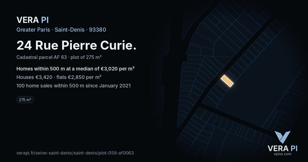 24 Rue Pierre Curie, Saint-Denis at night – the plot lit, the parcels around coloured by the prices near them