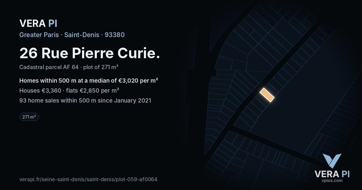 26 Rue Pierre Curie, Saint-Denis at night – the plot lit, the parcels around coloured by the prices near them