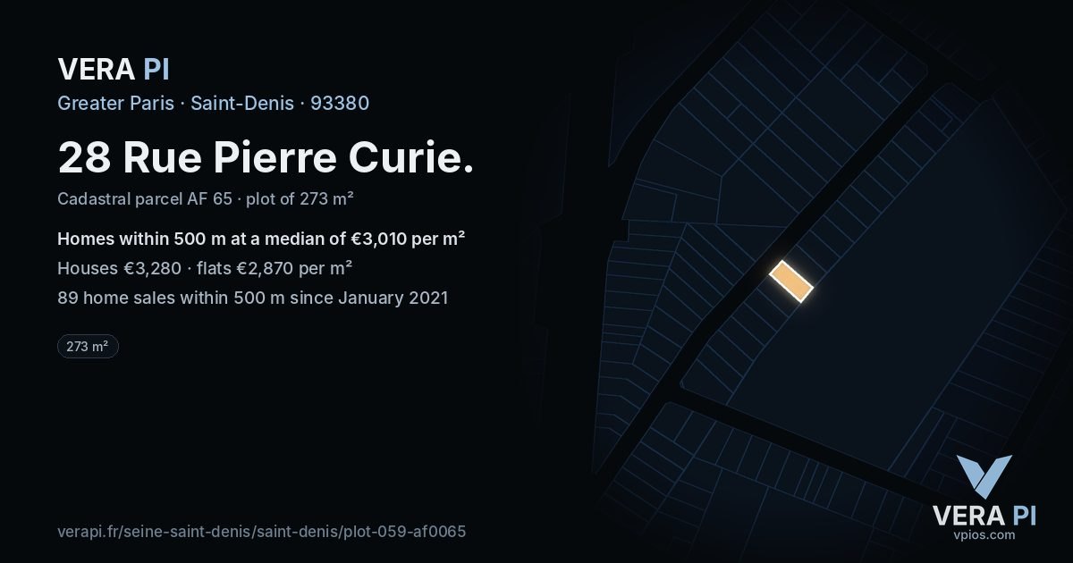 28 Rue Pierre Curie, Saint-Denis at night – the plot lit, the parcels around coloured by the prices near them