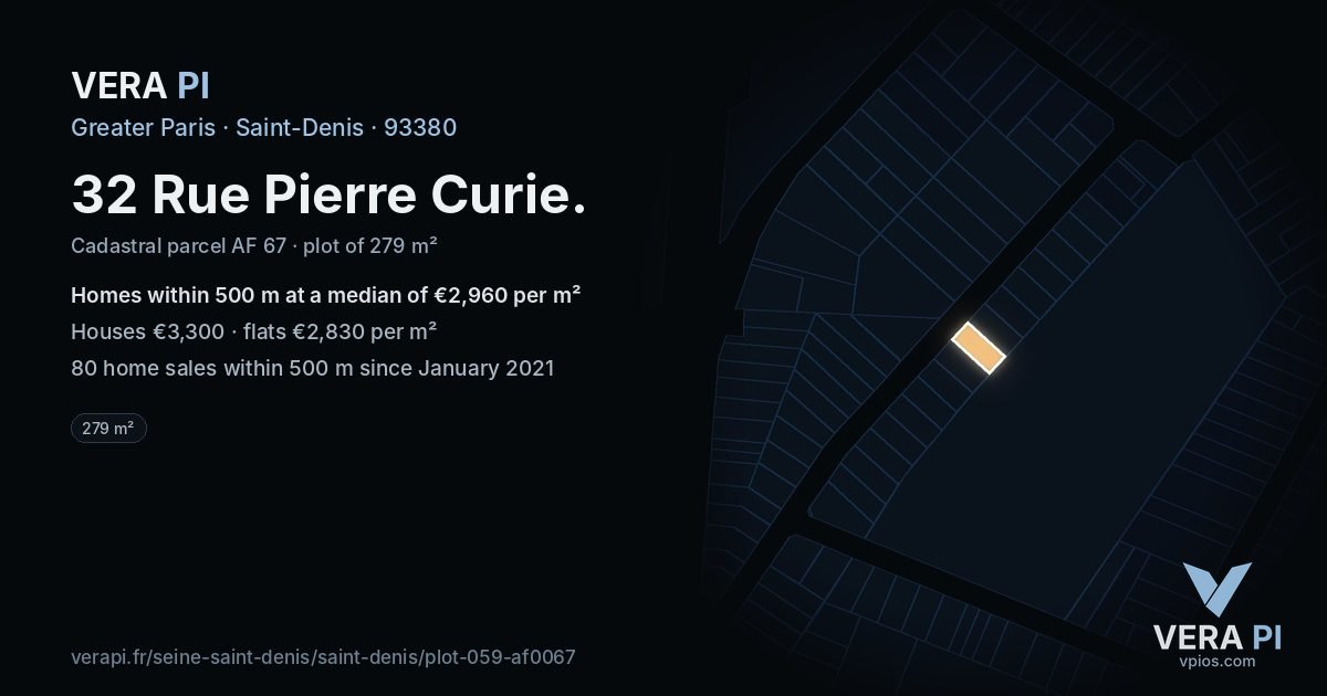 32 Rue Pierre Curie, Saint-Denis at night – the plot lit, the parcels around coloured by the prices near them