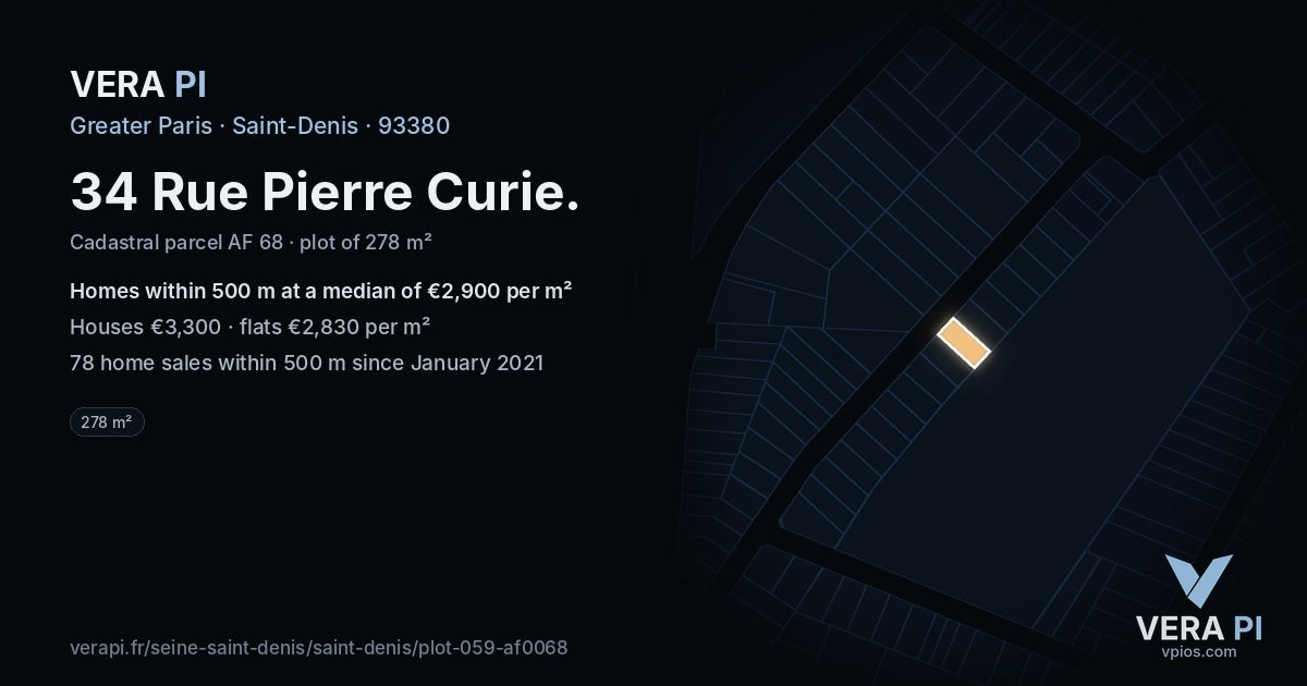 34 Rue Pierre Curie, Saint-Denis at night – the plot lit, the parcels around coloured by the prices near them