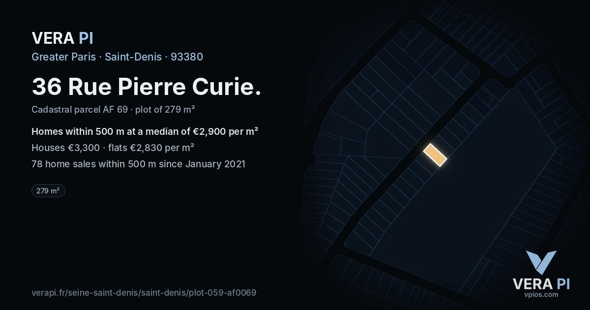 36 Rue Pierre Curie, Saint-Denis at night – the plot lit, the parcels around coloured by the prices near them