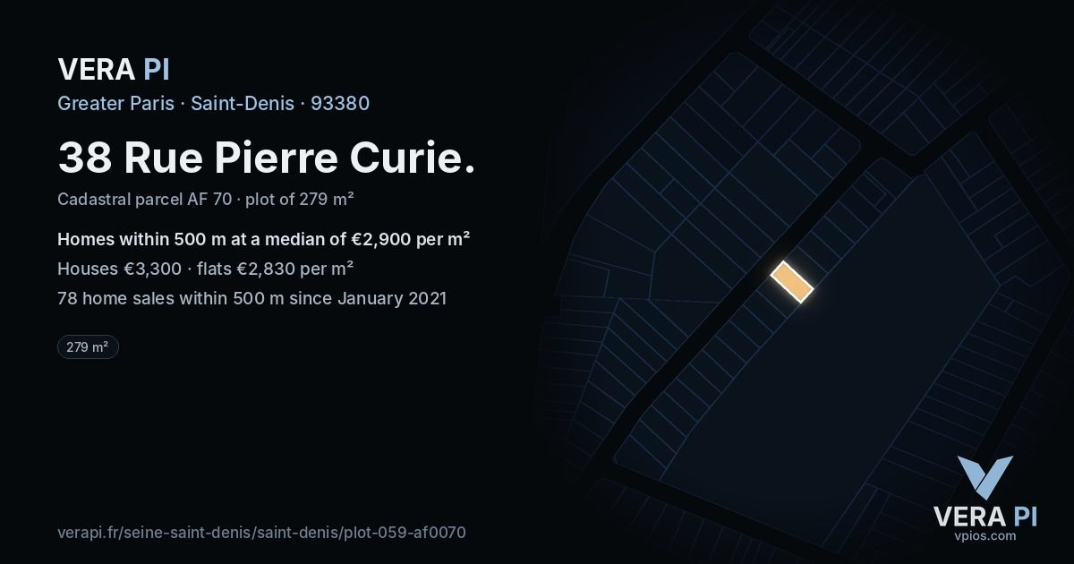 38 Rue Pierre Curie, Saint-Denis at night – the plot lit, the parcels around coloured by the prices near them