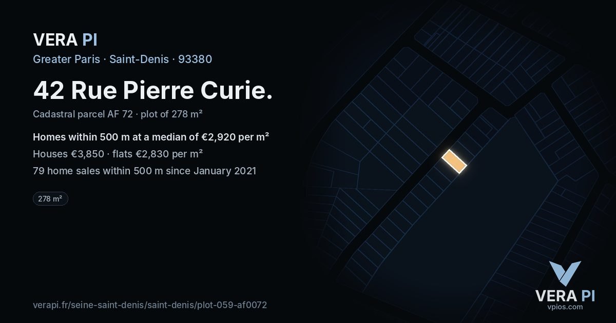 42 Rue Pierre Curie, Saint-Denis at night – the plot lit, the parcels around coloured by the prices near them