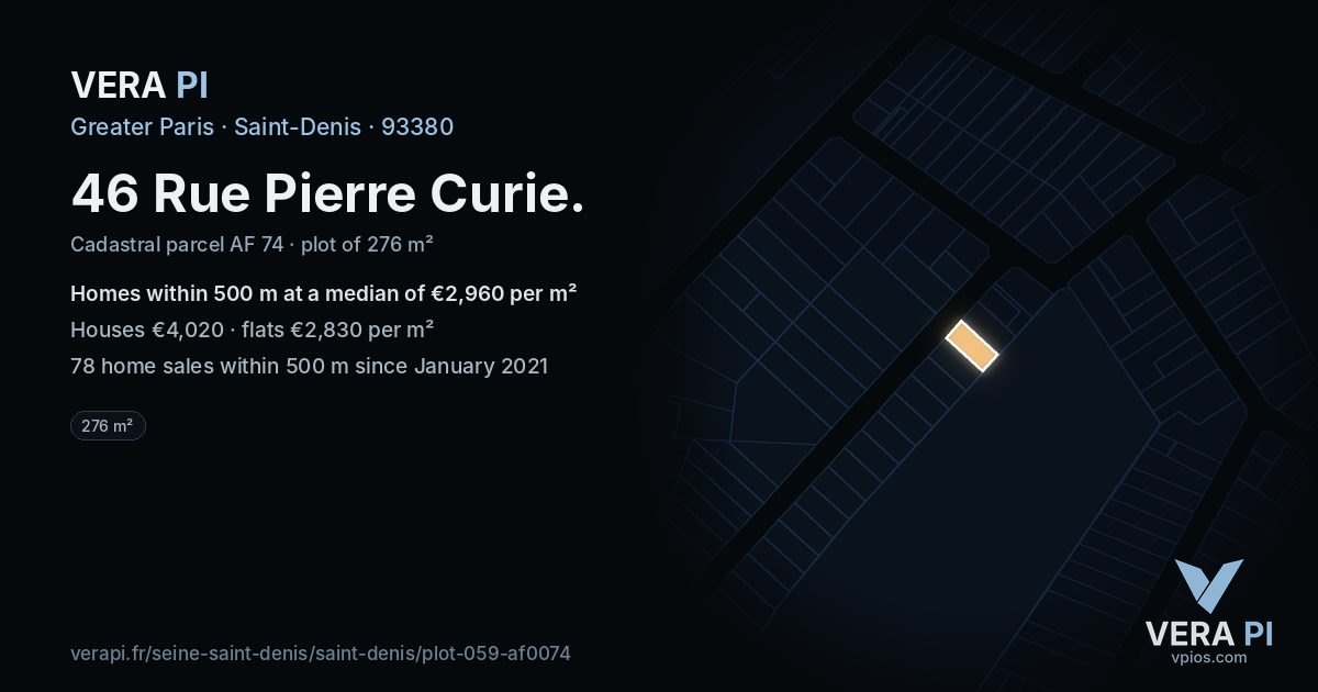 46 Rue Pierre Curie, Saint-Denis at night – the plot lit, the parcels around coloured by the prices near them